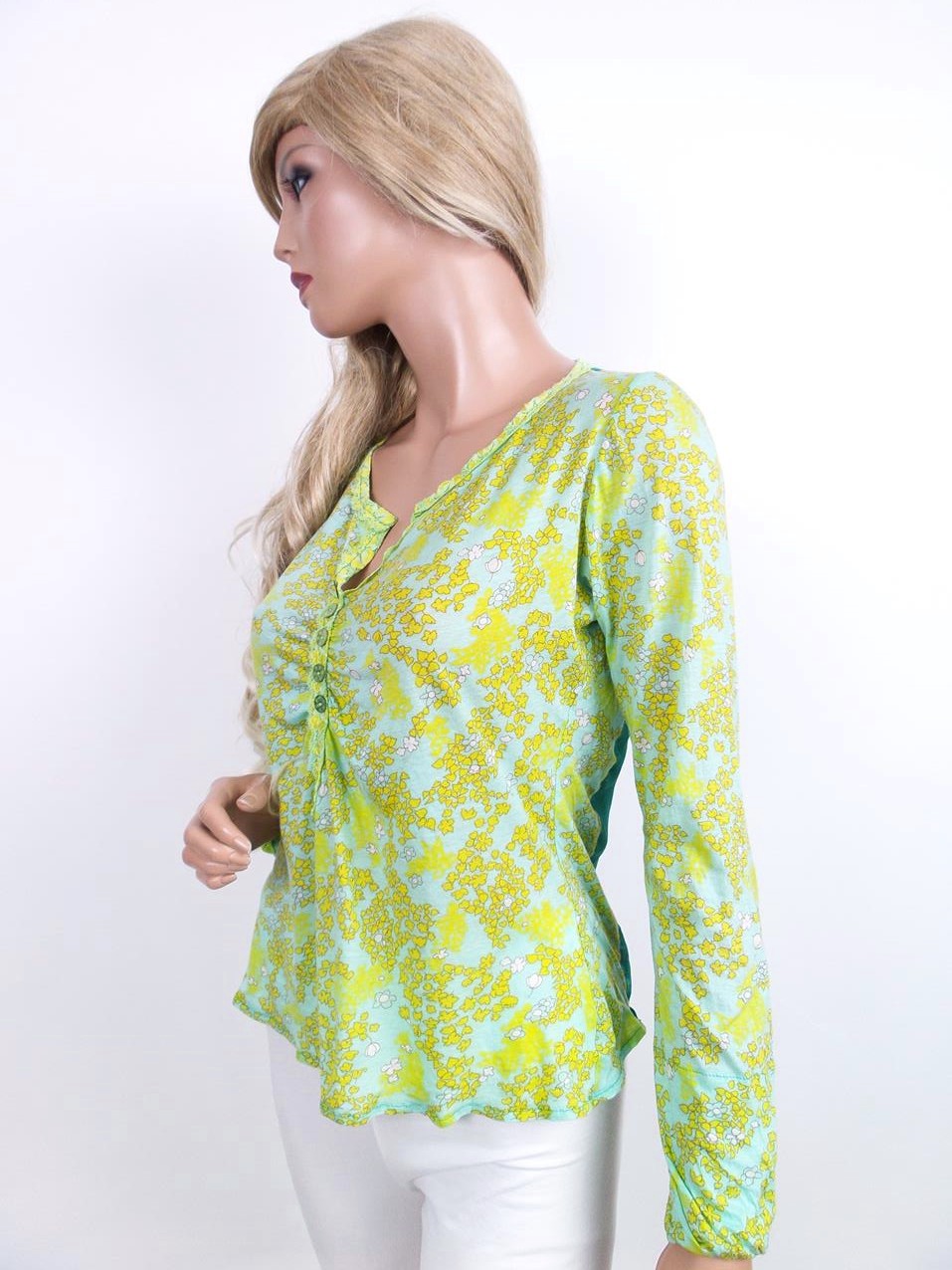 20161006_120901.jpg Avoca Anthology Rozmiar 4 Roślinny Liście Split Crew Neck Bluzka Długi rękaw Materiał Wiskoza