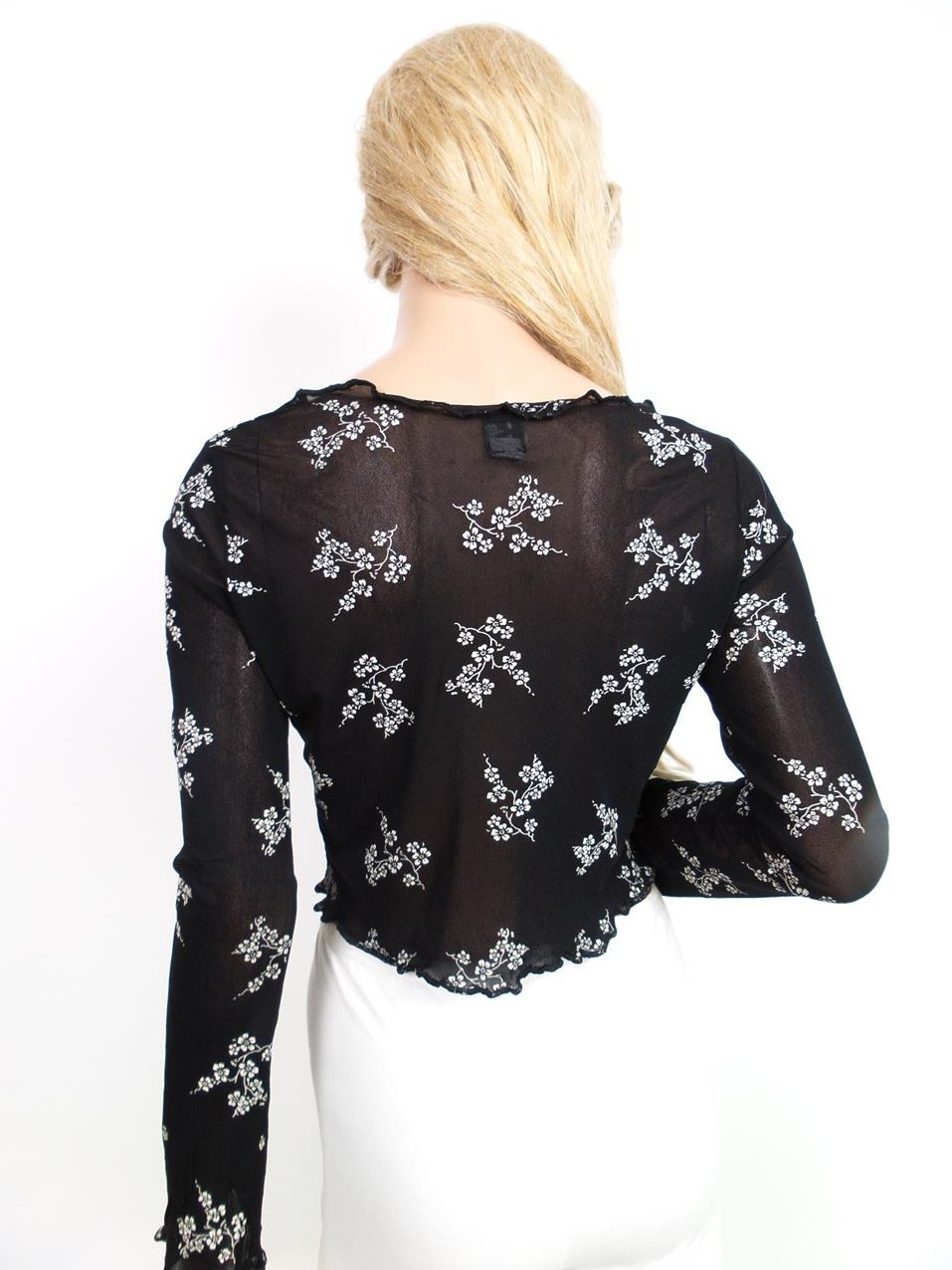 B Vintage Rozmiar 38 Kolor Czarny Drapowany dekolt Bluzka Crop Top Długi rękaw
