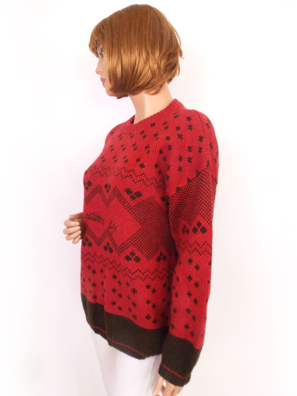 20170505_162918.jpg Stefanel Rozmiar XL Kolor Czerwony Geometryczny Crew Neck Sweter Świąteczny Gwiazdka Długi rękaw Gruba dzianina