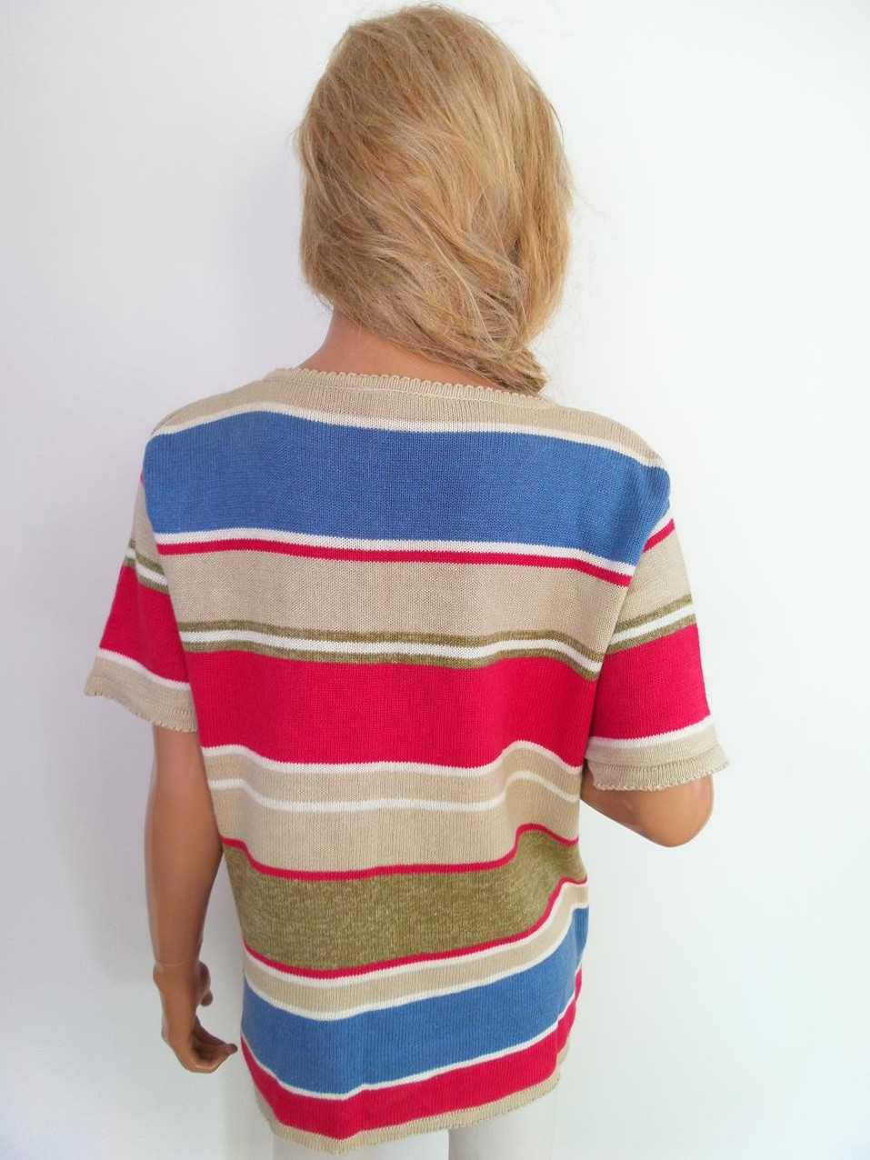 Vintage Rozmiar M Kolor Beżowy Pasy Okrągły dekolt Tunika Bluzka Dzianina Krótki rękaw Materiał Ramie Vintage Rozmiar M Kolor Beżowy Pasy Okrągły dekolt Tunika Bluzka Dzianina Krótki rękaw Materiał Ramie