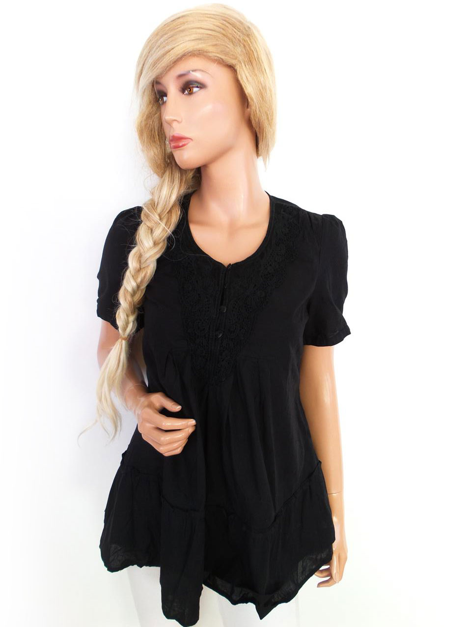 Vero moda Rozmiar S Kolor Czarny Okrągły dekolt Bluzka Popover Guziki Krótki rękaw Materiał Bawełna