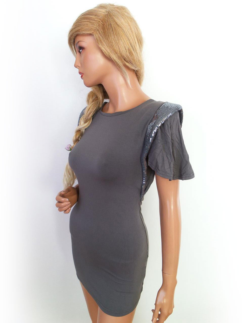 Club L Rozmiar S/M Kolor Szary Okrągły dekolt Sukienka Bodycon Krótki rękaw Krótka Materiał Bawełna Club L Rozmiar S/M Kolor Szary Okrągły dekolt Sukienka Bodycon Krótki rękaw Krótka Materiał Bawełna