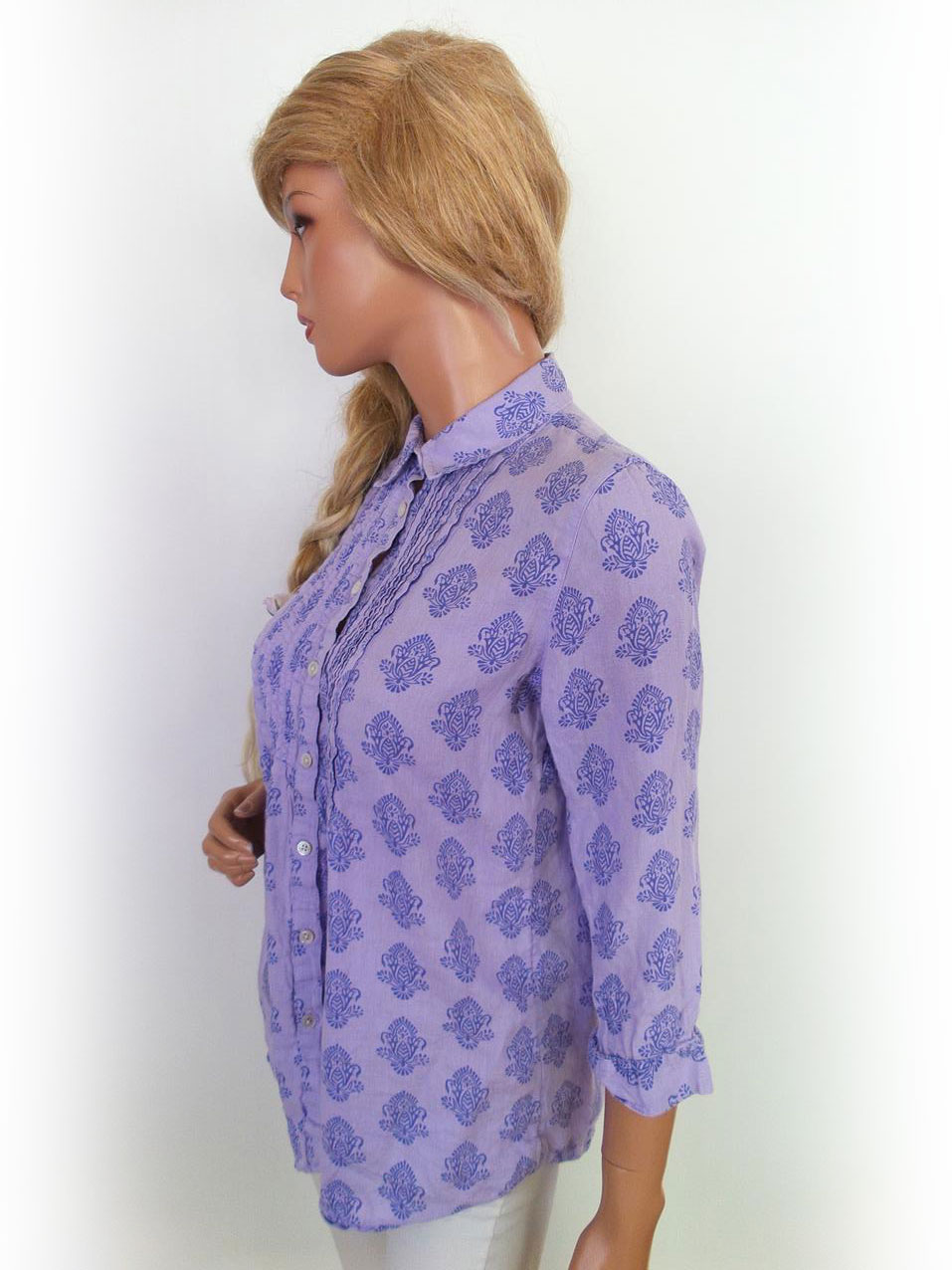J.Jill Rozmiar XS Kolor Lawendowy Damask Paisley Kołnierz Koszula Zapinana Bluzka Rękaw 3/4 Materiał Len J.Jill Rozmiar XS Kolor Lawendowy Damask Paisley Kołnierz Koszula Zapinana Bluzka Rękaw 3/4 Materiał Len