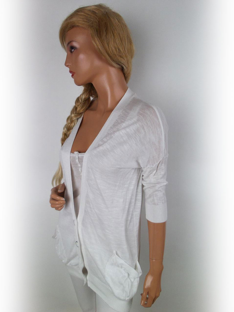 Vintage Couture Rozmiar 12/40 Kolor Biały W serek Długi Zapinany Kardigan Rękaw 3/4 Cienka dzianina