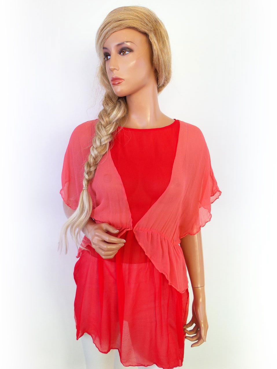 Traffic People Rozmiar XL Kolor Czerwony Crew Neck Tunika Bluzka Krótki rękaw Materiał Jedwab 100%