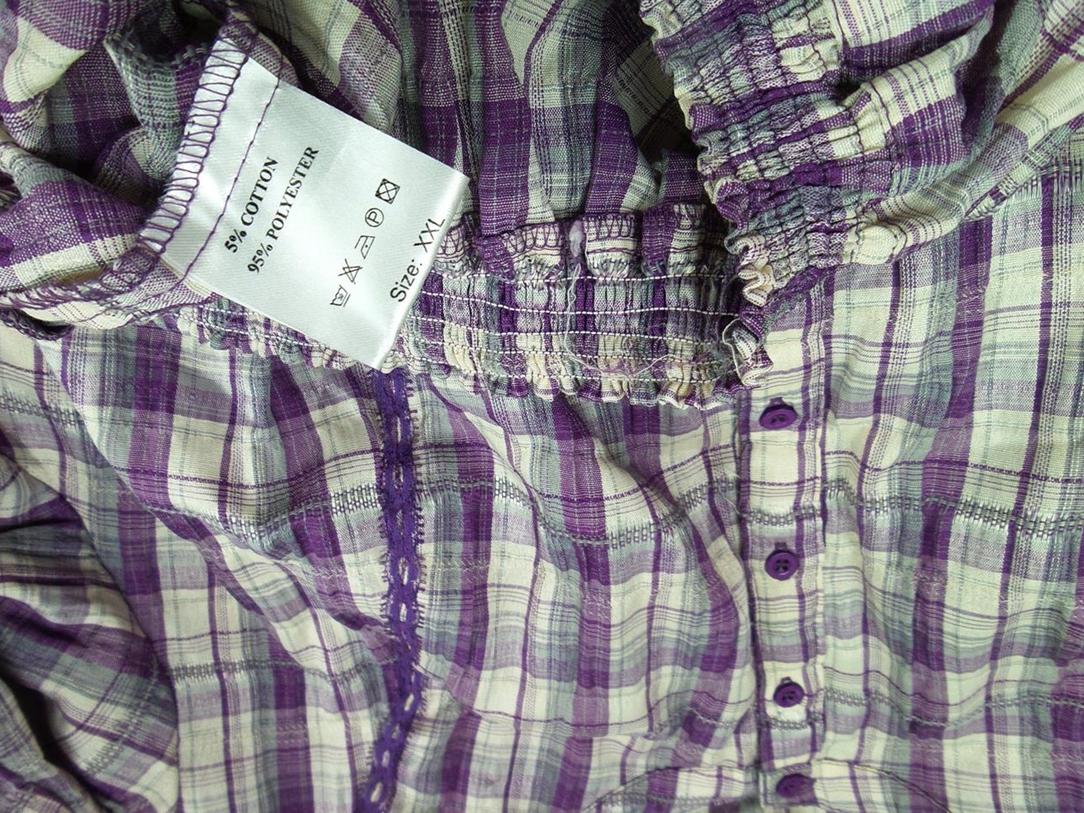 Long Island Rozmiar XXL Krata Okrągły dekolt Tunika Popover Bluzka Rękaw 3/4 Materiał Bawełna