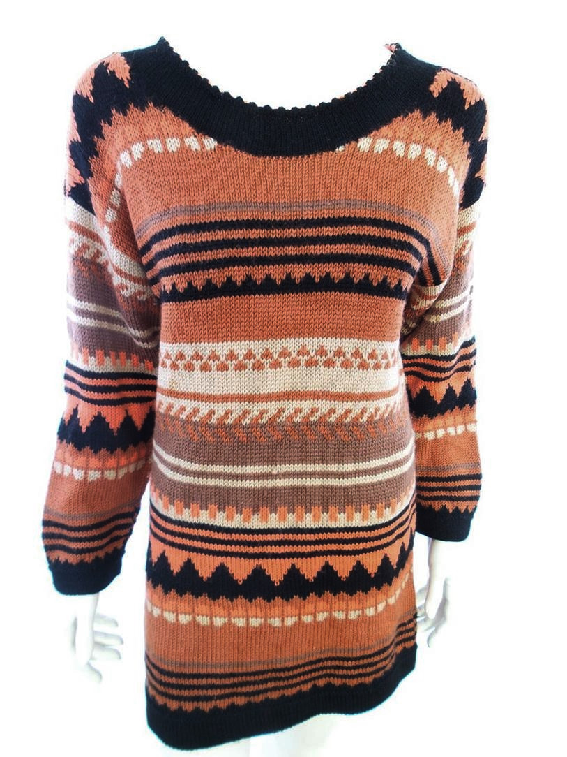Vintage Rozmiar M Kolor Pomarańczowy Paisley Okrągły dekolt Tunika Bluzka Dzianina Długi rękaw