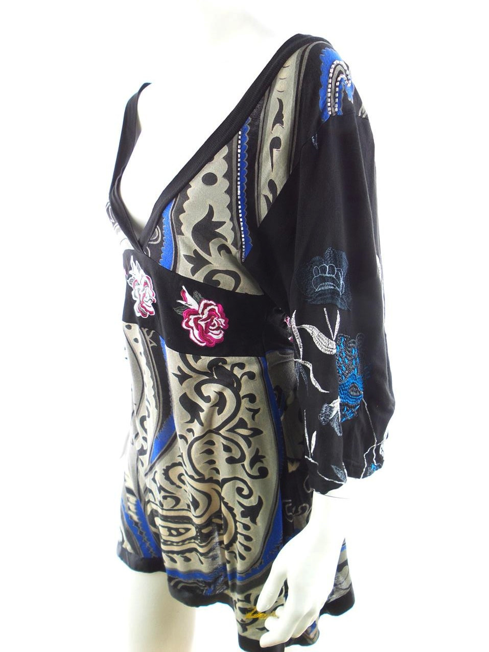 DESIGUAL Rozmiar XS Kolor Czarny Paisley W serek Sukienka Mini Rękaw 3/4 Krótka
