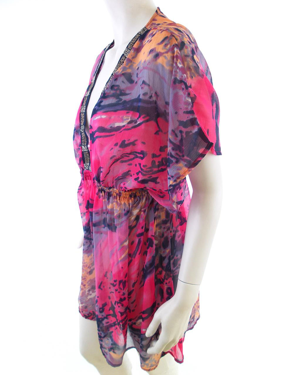 Vintage Rozmiar S Kolor Różowy Floral Abstrakt Głęboki Serek Tunika Bluzka Krótki rękaw Vintage Rozmiar S Kolor Różowy Floral Abstrakt Głęboki Serek Tunika Bluzka Krótki rękaw