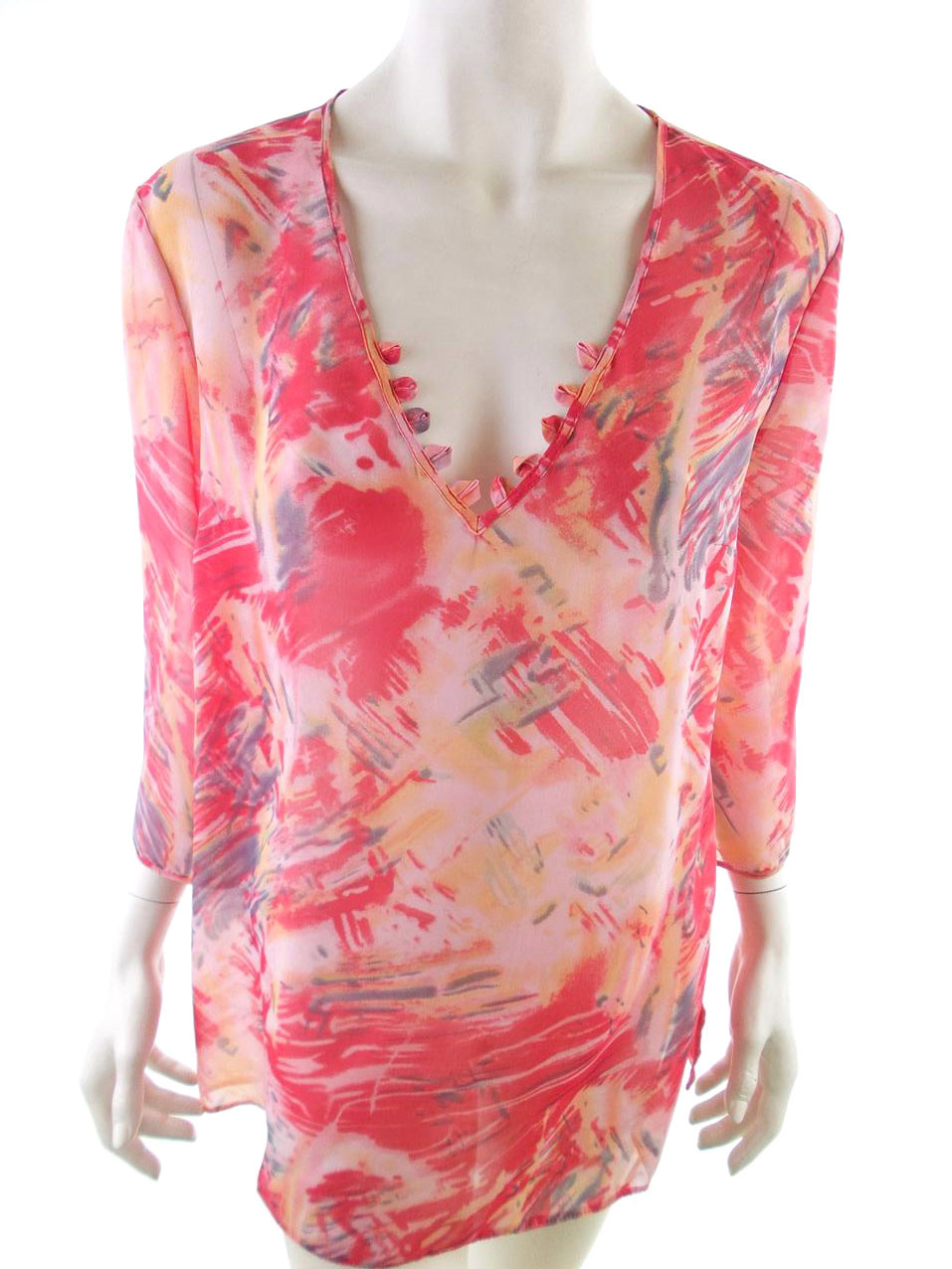 Vintage Rozmiar XL Kolor Różowy Floral Abstrakt Głęboki Serek Tunika Bluzka Rękaw 3/4