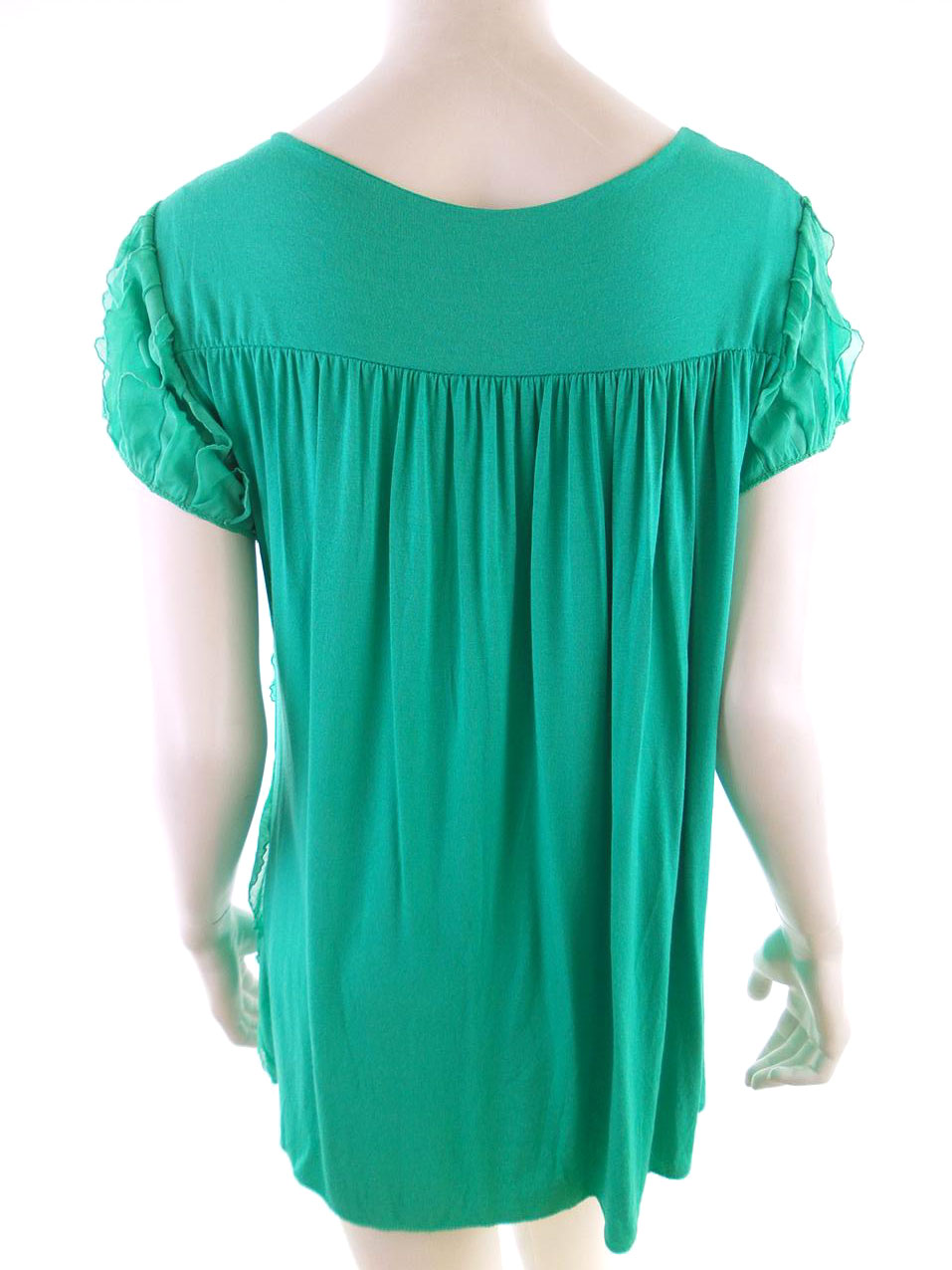 Vintage Rozmiar XL Kolor Zielony Okrągły dekolt Tunika Bluzka Krótki rękaw Materiał Wiskoza Vintage Rozmiar XL Kolor Zielony Okrągły dekolt Tunika Bluzka Krótki rękaw Materiał Wiskoza