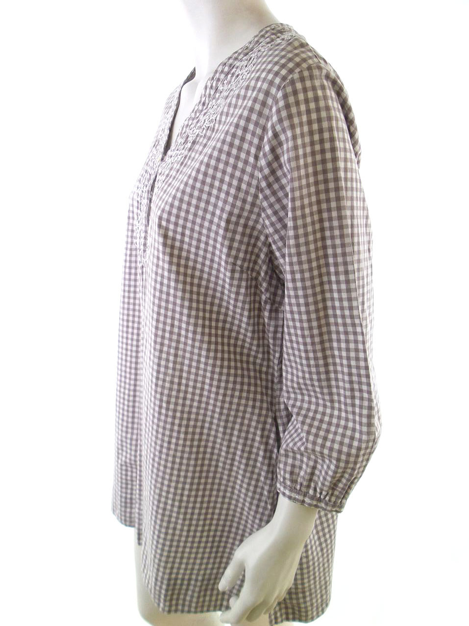 Mingel Rozmiar XL Kolor Beżowy Krata W serek Tunika Popover Bluzka Rękaw 3/4 Mingel Rozmiar XL Kolor Beżowy Krata W serek Tunika Popover Bluzka Rękaw 3/4