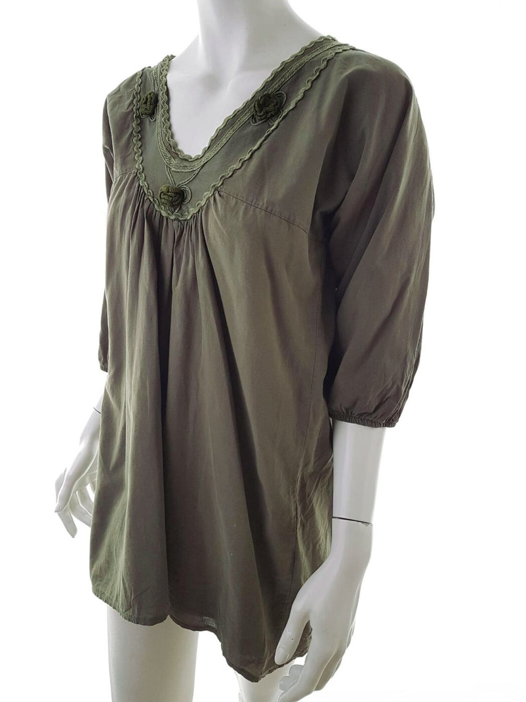 Vila Rozmiar M Kolor Khaki W serek Sukienka Mini Rękaw 3/4 Krótka Materiał Bawełna 100%