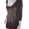 Vintage Rozmiar XL Kolor Brązowy Damask Paisley Dekolt U Tunika Bluzka Rękaw 3/4
