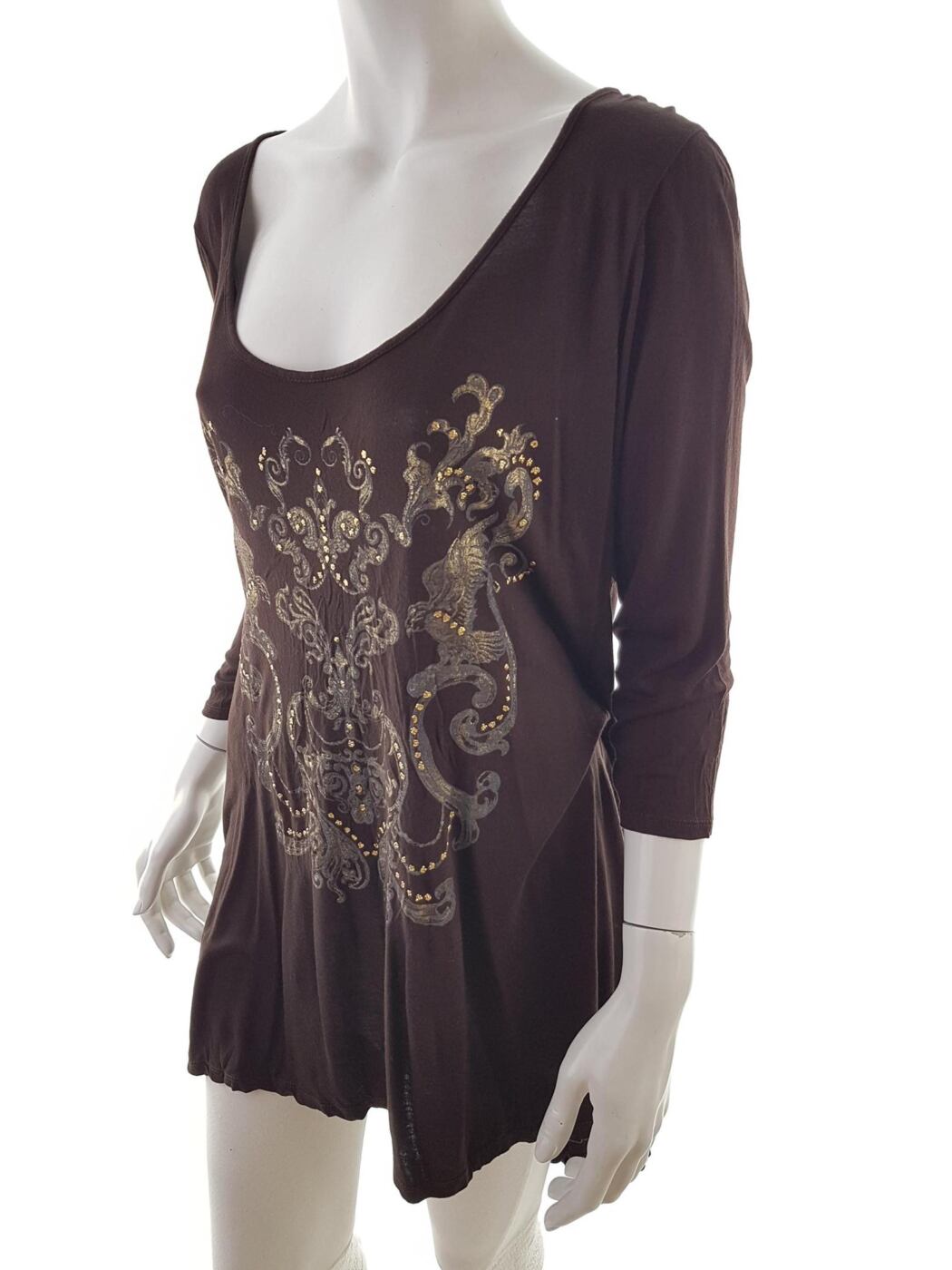 Vintage Rozmiar XL Kolor Brązowy Damask Paisley Dekolt U Tunika Bluzka Rękaw 3/4