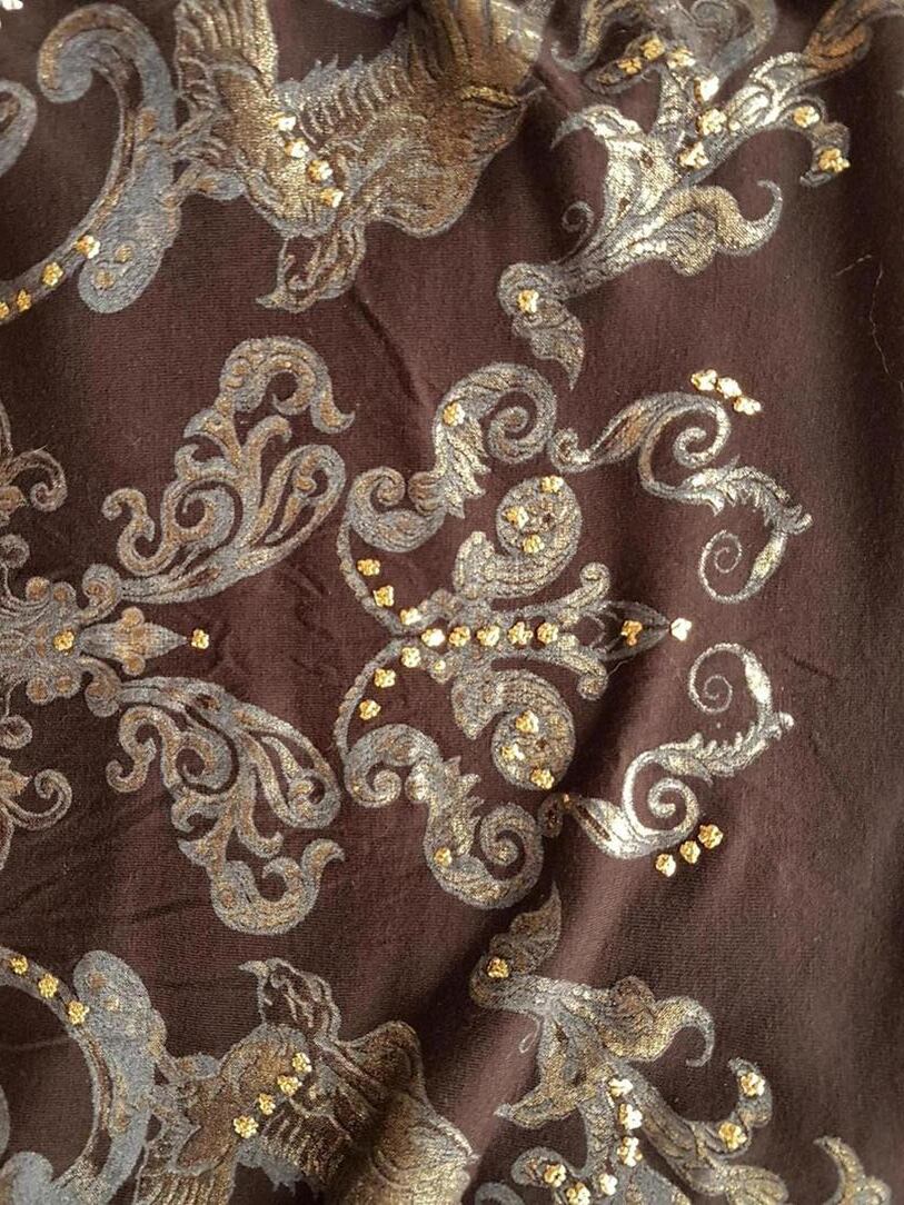 Vintage Rozmiar XL Kolor Brązowy Damask Paisley Dekolt U Tunika Bluzka Rękaw 3/4