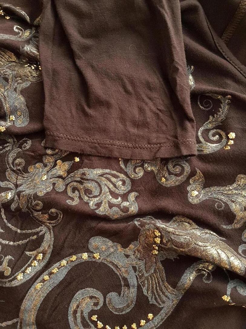 Vintage Rozmiar XL Kolor Brązowy Damask Paisley Dekolt U Tunika Bluzka Rękaw 3/4