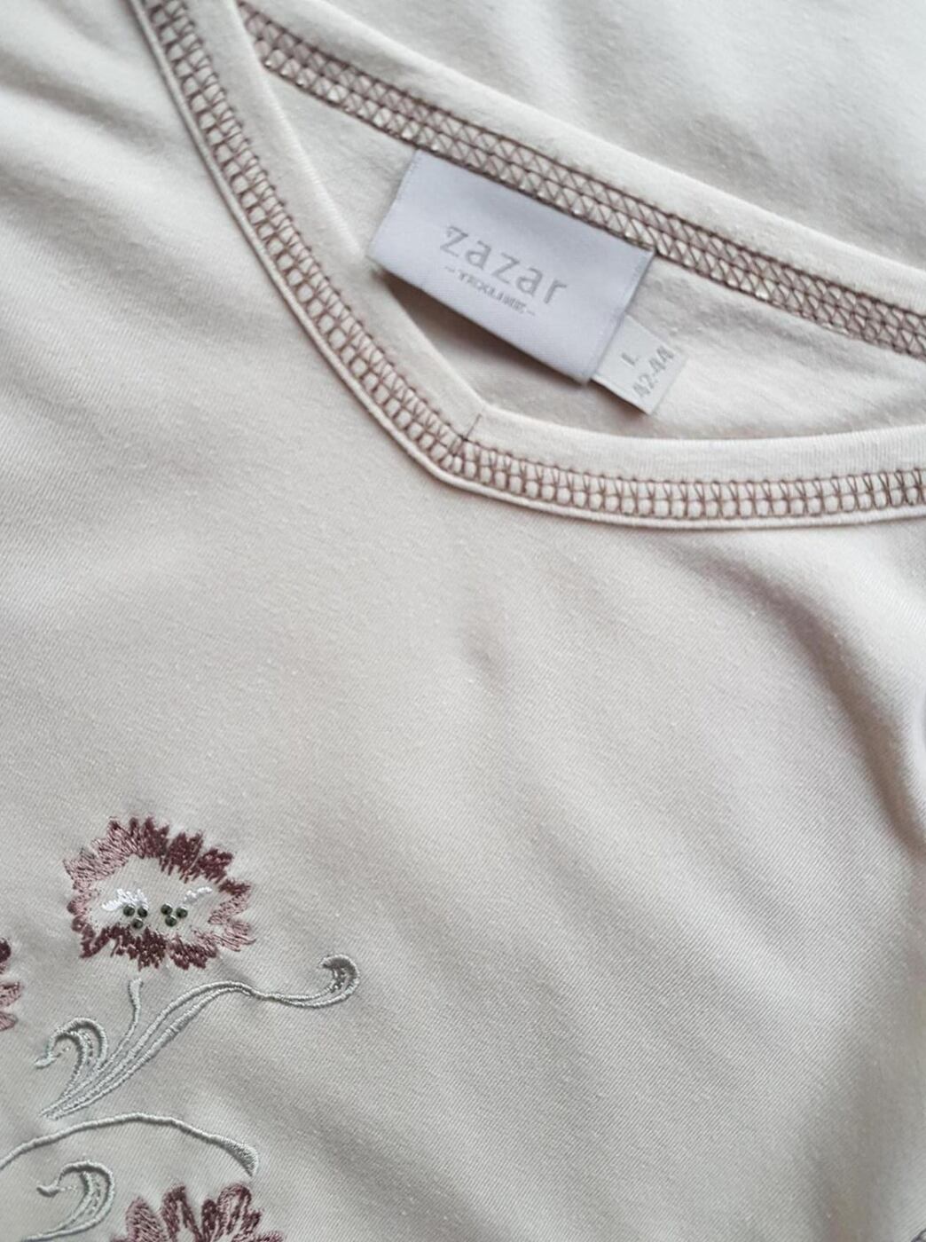 20180818_144818.jpg Zazar Rozmiar 42/44 Kolor Beżowy Crew Neck Bluzka Krótki rękaw Materiał Bawełna
