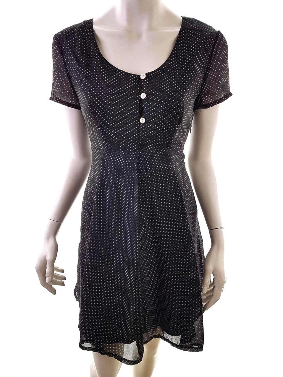Vintage Rozmiar 38 Kolor Czarny Okrągły dekolt Sukienka A-Line Krótki rękaw Do Kolan Vintage Rozmiar 38 Kolor Czarny Okrągły dekolt Sukienka A-Line Krótki rękaw Do Kolan