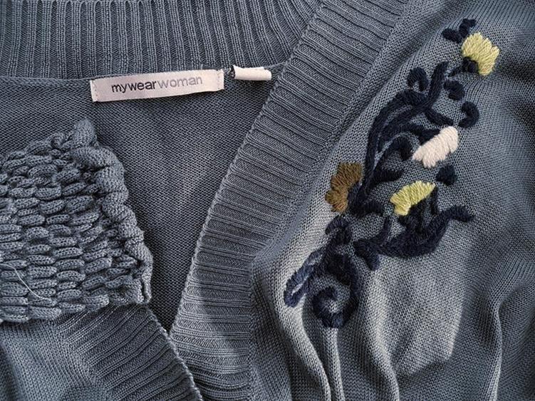 20181011_123532.jpg Mywear Rozmiar 40/42 Kolor Niebieski W serek Długi Zapinany Kardigan Długi rękaw Materiał Akryl 100% Cienka dzianina