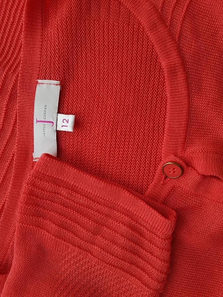 J by Jasper Conran Rozmiar 12 (40) Kolor Pomarańczowy Crew Neck Kardigan Zapinany Rękaw 3/4 Materiał Wiskoza Cienka dzianina