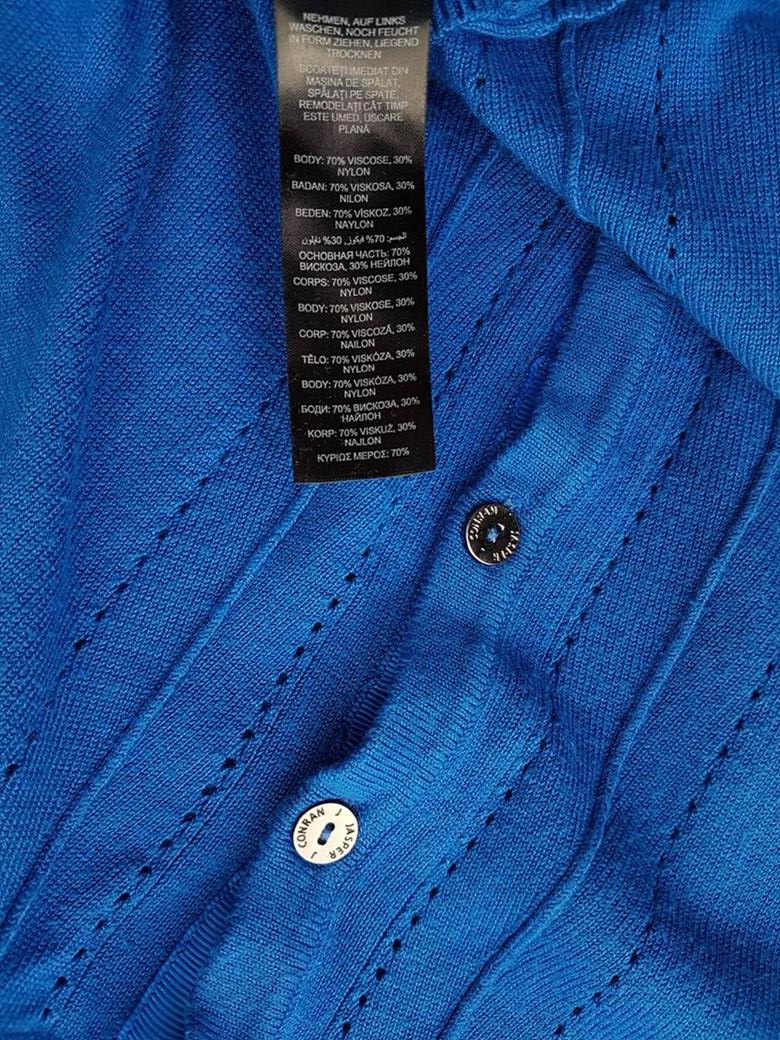 J by Jasper Conran Rozmiar 12 (40) Kolor Niebieski Okrągły dekolt Kardigan Zapinany Rękaw 3/4 Materiał Wiskoza Otwarta dzianina