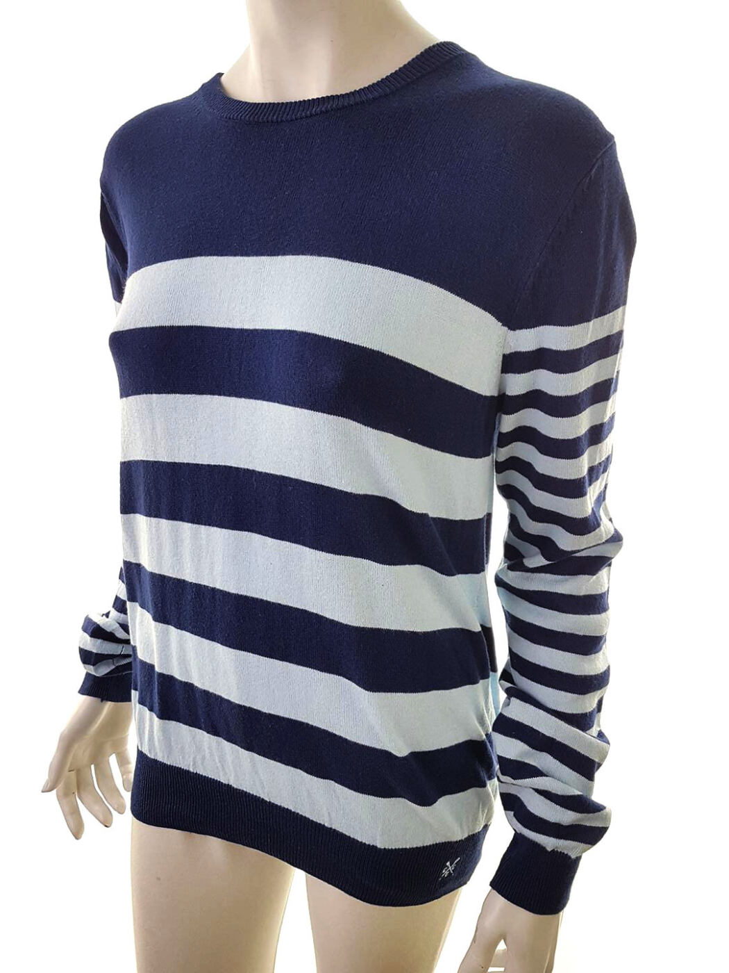 20181023_133007.jpg Crew Clothing Rozmiar 14 (42) Kolor Granatowy Pasy Crew Neck Sweter Długi rękaw Materiał Bawełna Cienka dzianina