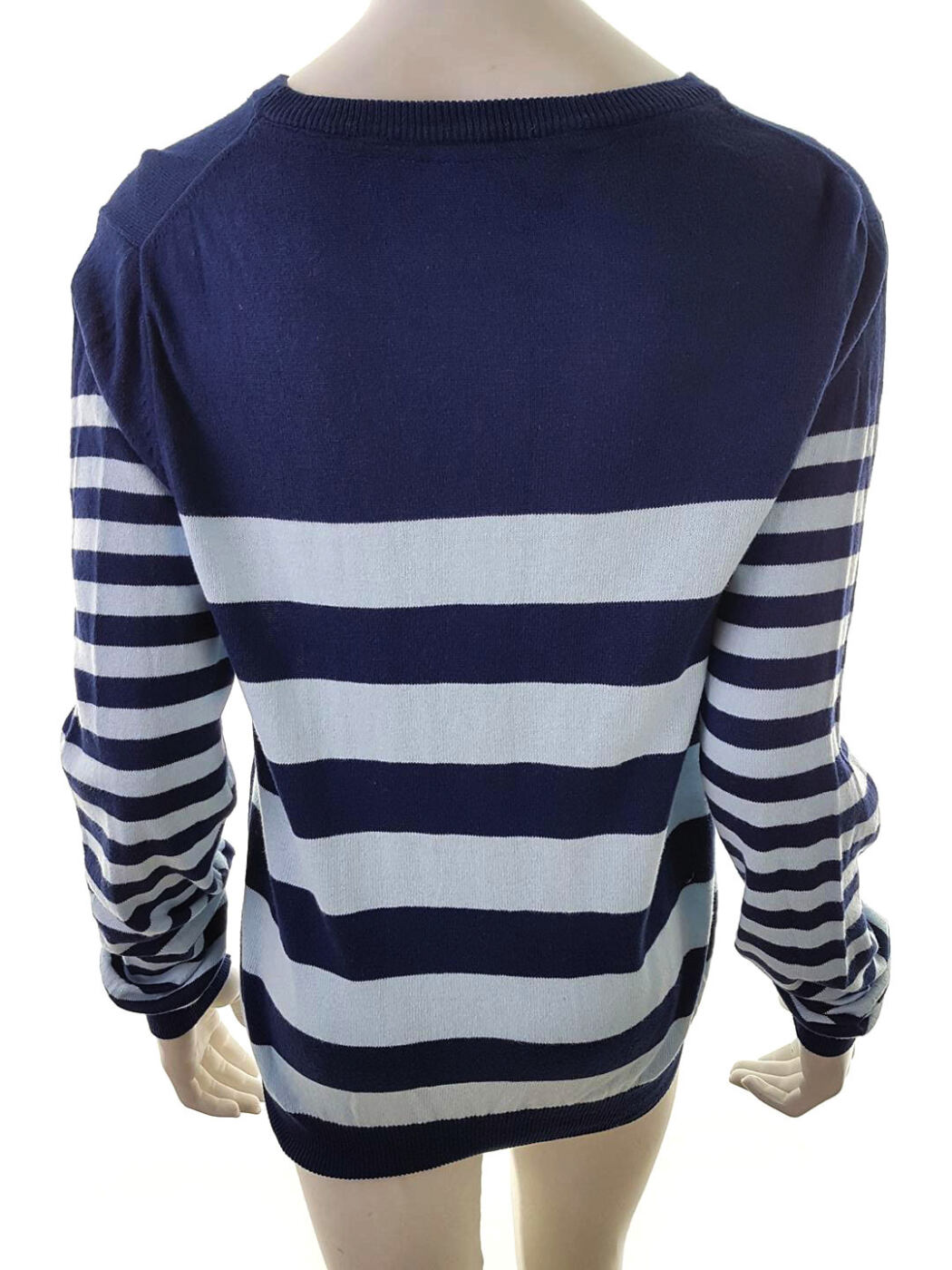 20181023_133015.jpg Crew Clothing Rozmiar 14 (42) Kolor Granatowy Pasy Crew Neck Sweter Długi rękaw Materiał Bawełna Cienka dzianina