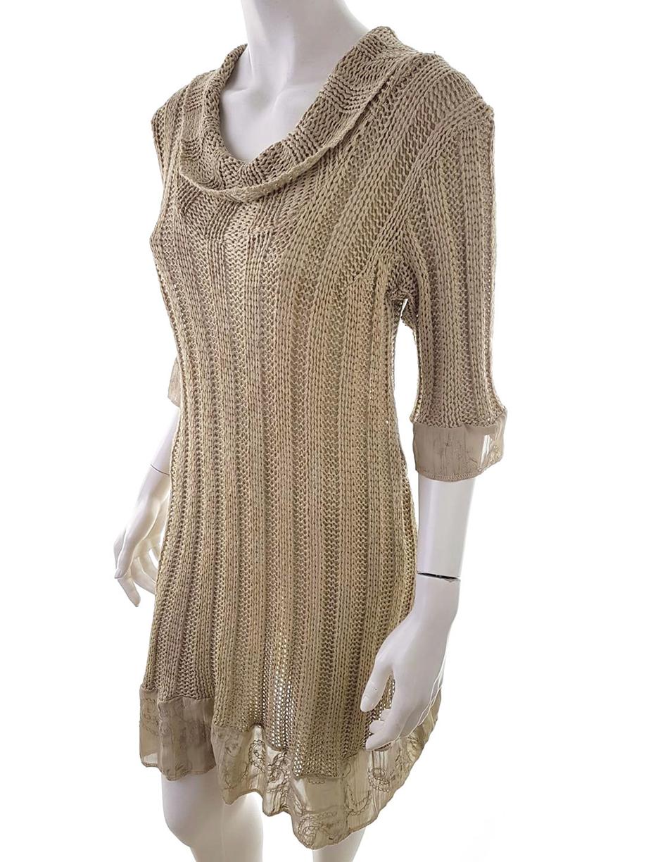Vintage Rozmiar M Kolor Beżowy Drapowany dekolt Sukienka Sweterkowa Rękaw 3/4 Do Kolan Vintage Rozmiar M Kolor Beżowy Drapowany dekolt Sukienka Sweterkowa Rękaw 3/4 Do Kolan