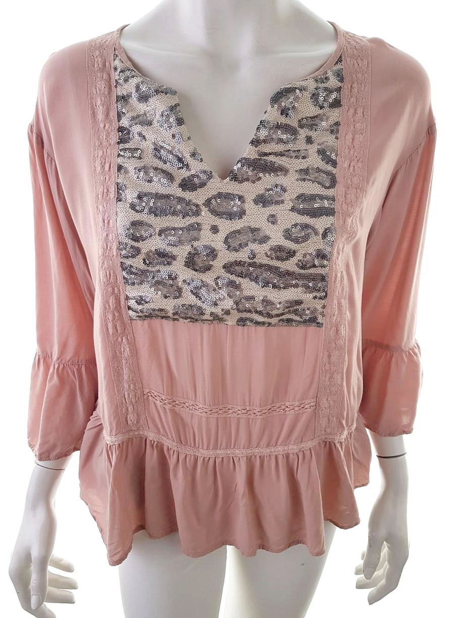 Cream Rozmiar 40 Kolor Różowy Panterka Split Crew Neck Bluzka Rękaw 3/4 Materiał Wiskoza