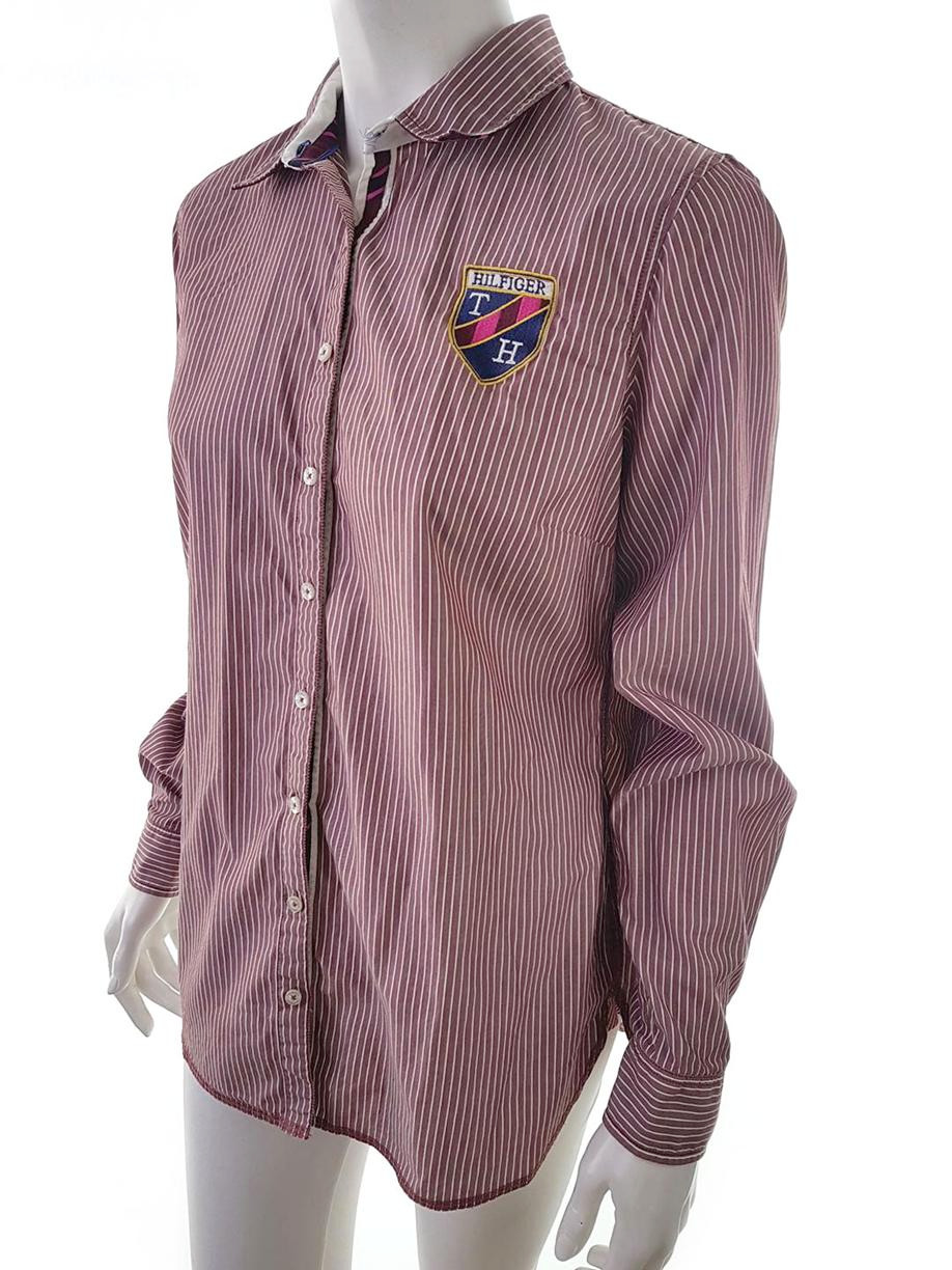 20181108_151219.jpg Tommy hilfiger Rozmiar 12 (40) Kolor Brązowy Pasy Kołnierz Koszula Zapinana Bluzka Długi rękaw