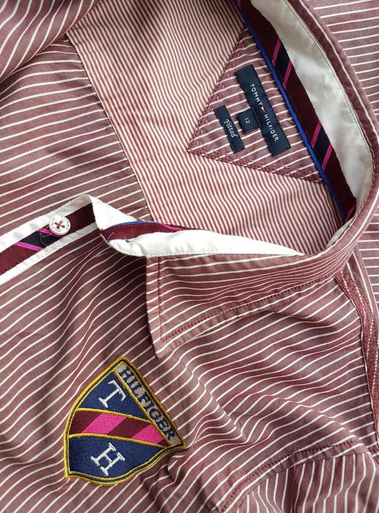 20181108_151311.jpg Tommy hilfiger Rozmiar 12 (40) Kolor Brązowy Pasy Kołnierz Koszula Zapinana Bluzka Długi rękaw