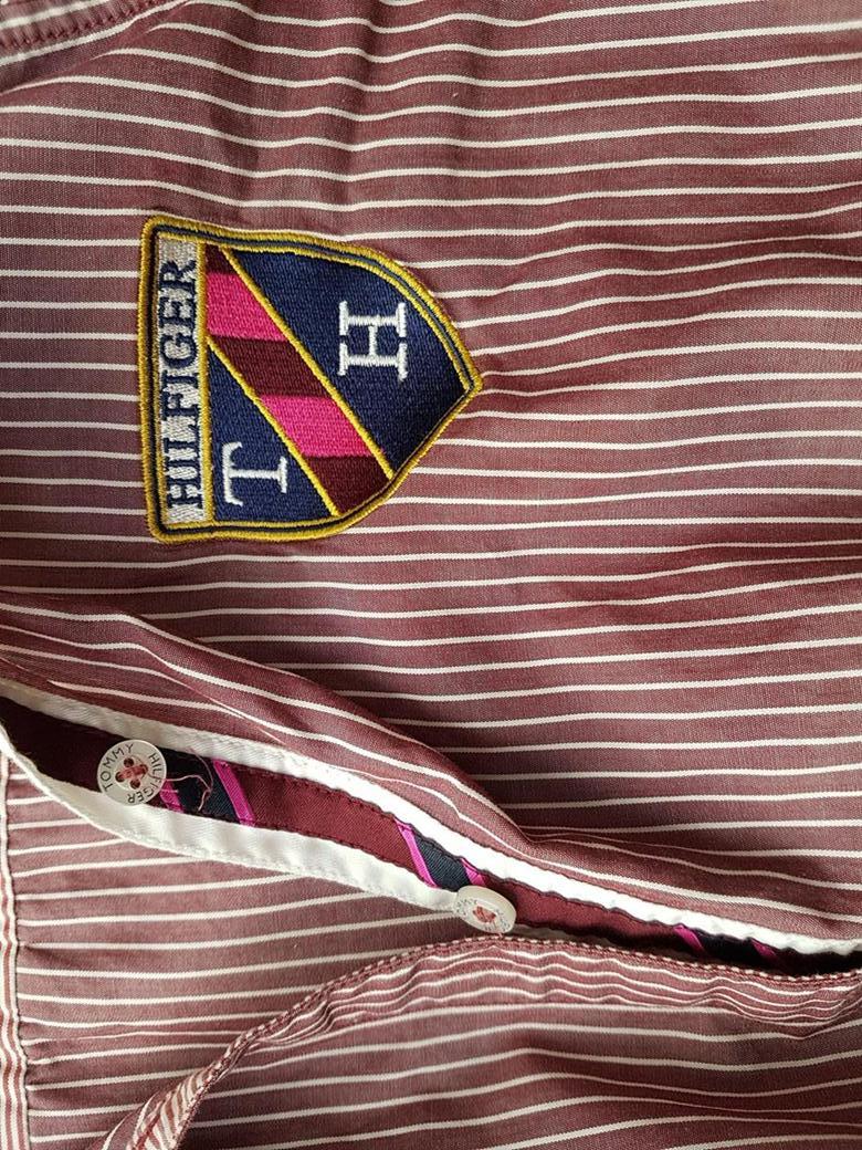 20181108_151351.jpg Tommy hilfiger Rozmiar 12 (40) Kolor Brązowy Pasy Kołnierz Koszula Zapinana Bluzka Długi rękaw