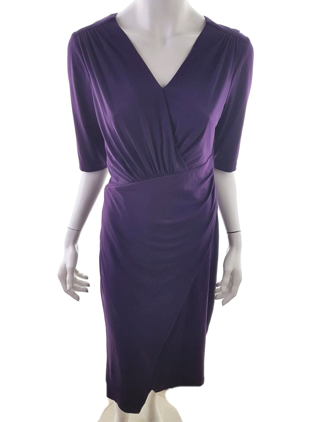 Connected Apparel Rozmiar 10 (38) Kolor Fioletowy W serek Sukienka Sheath Krótki rękaw Midi