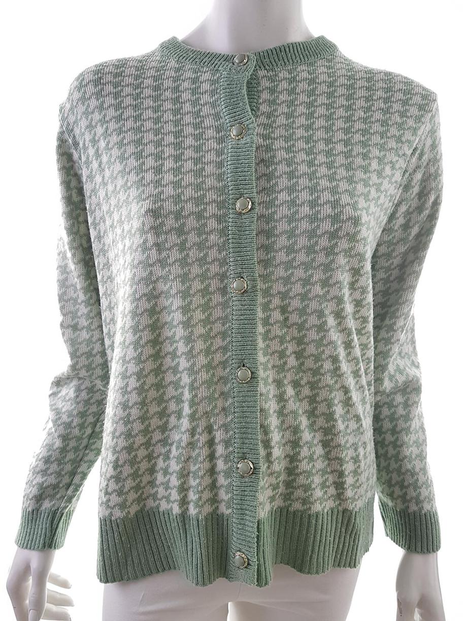 Vintage Rozmiar XL Kolor Zielony Crew Neck Kardigan Zapinany Długi rękaw Cienka dzianina