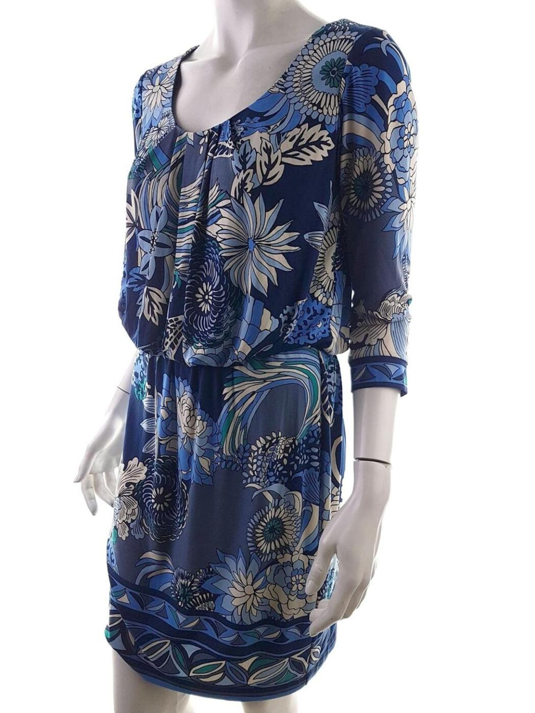 Donna Morgan Rozmiar 8 (36) Kolor Granatowy Okrągły dekolt Sukienka Blouson Rękaw 3/4 Do Kolan Donna Morgan Rozmiar 8 (36) Kolor Granatowy Okrągły dekolt Sukienka Blouson Rękaw 3/4 Do Kolan