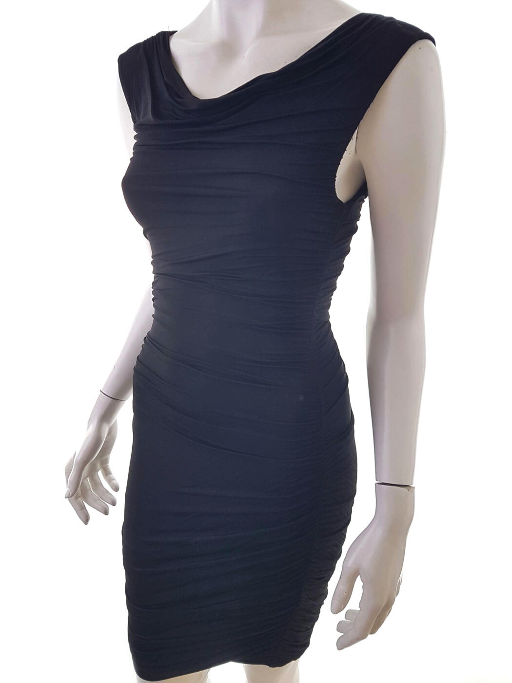 Rozmiar 36 Kolor Czarny Drapowany dekolt Sukienka Bodycon Bezrękawnik Do Kolan Rozmiar 36 Kolor Czarny Drapowany dekolt Sukienka Bodycon Bezrękawnik Do Kolan