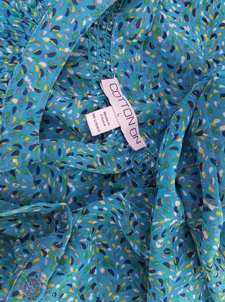 20190227_113604.jpg Cotton On Rozmiar L Kolor Niebieski Roślinny Liście Split Crew Neck Bluzka Rękaw 3/4