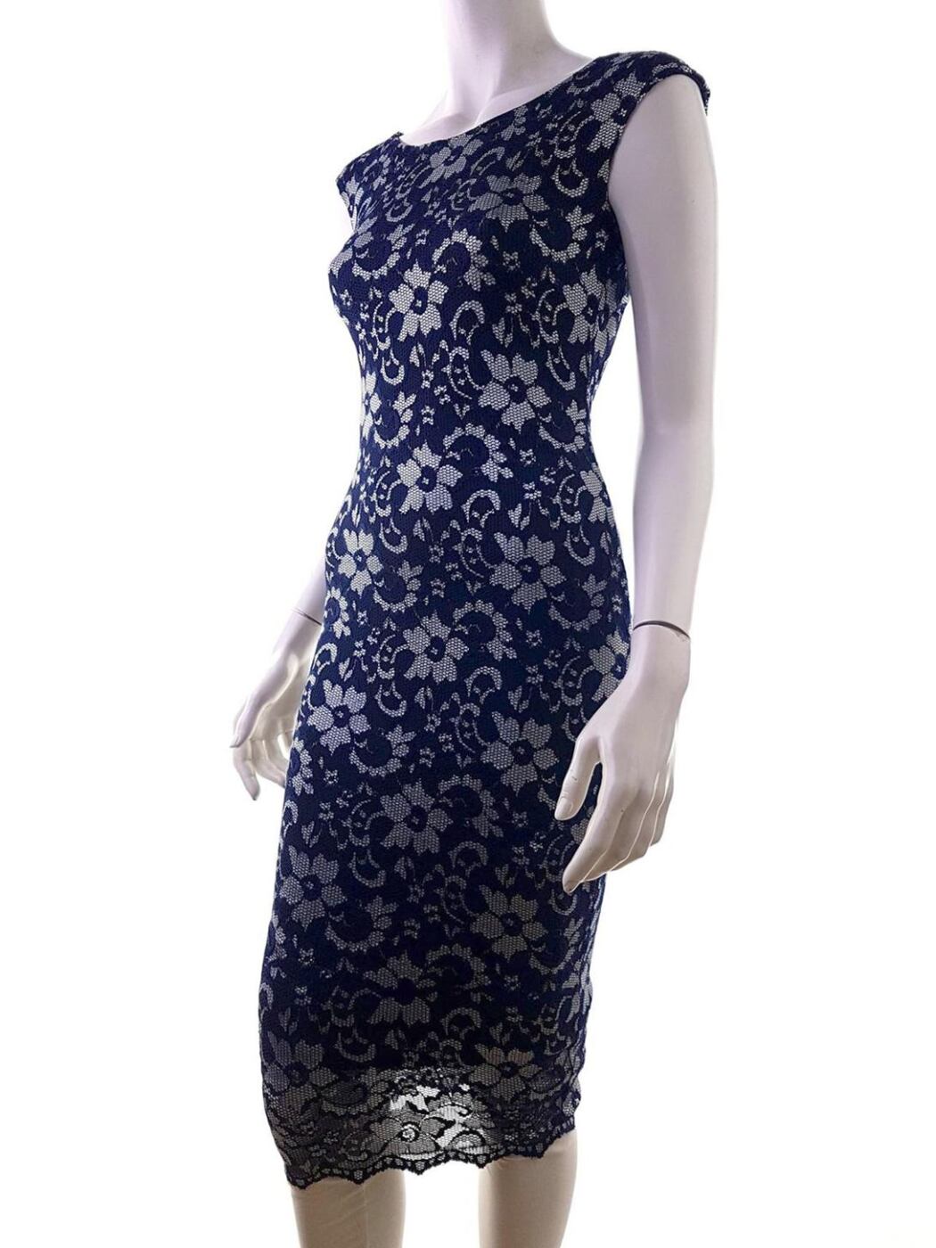 Jane norman Rozmiar 8/34 Kolor Granatowy W łódkę Sukienka Bodycon Bezrękawnik Midi Jane norman Rozmiar 8/34 Kolor Granatowy W łódkę Sukienka Bodycon Bezrękawnik Midi