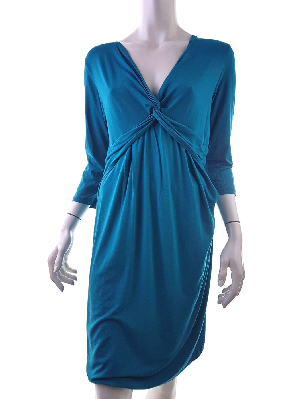 NoLoGo Chic Rozmiar 2 Kolor Niebieski W serek Sukienka Sheath Rękaw 3/4 Do Kolan Materiał Wiskoza