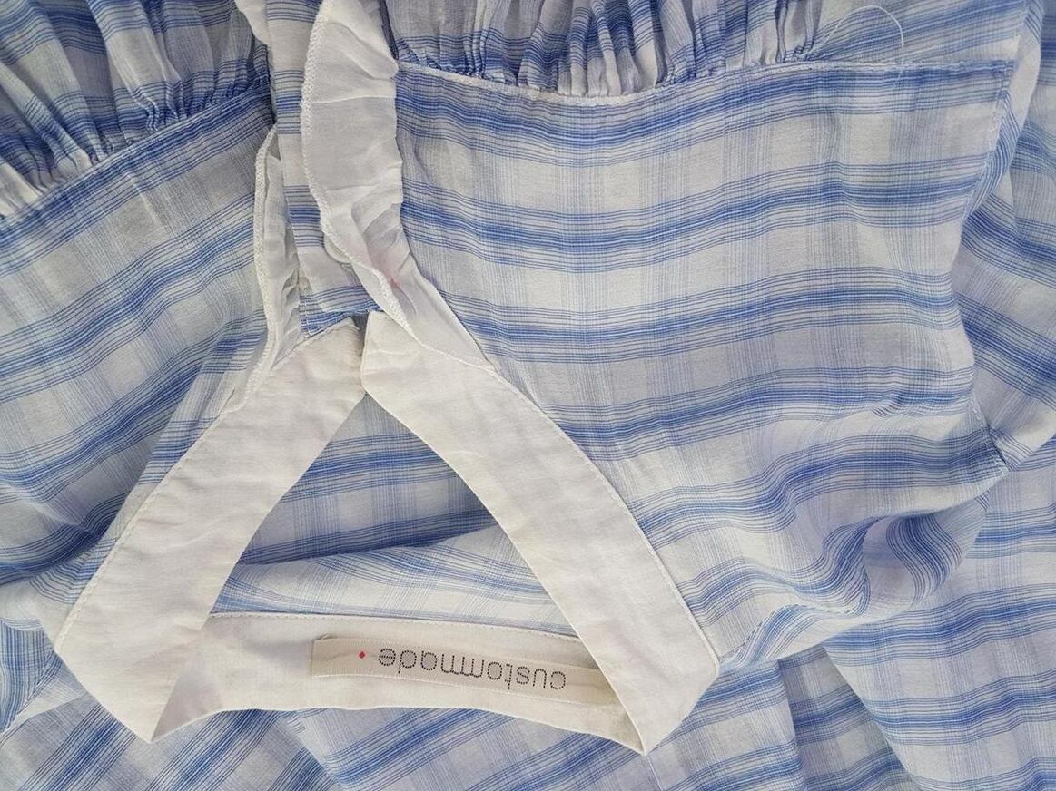 CUSTOMMADE Rozmiar 38 Kolor Niebieski Pasy Kołnierz Tunika Popover Bluzka Krótki rękaw Materiał Len CUSTOMMADE Rozmiar 38 Kolor Niebieski Pasy Kołnierz Tunika Popover Bluzka Krótki rękaw Materiał Len