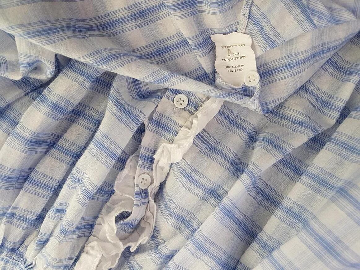CUSTOMMADE Rozmiar 38 Kolor Niebieski Pasy Kołnierz Tunika Popover Bluzka Krótki rękaw Materiał Len CUSTOMMADE Rozmiar 38 Kolor Niebieski Pasy Kołnierz Tunika Popover Bluzka Krótki rękaw Materiał Len
