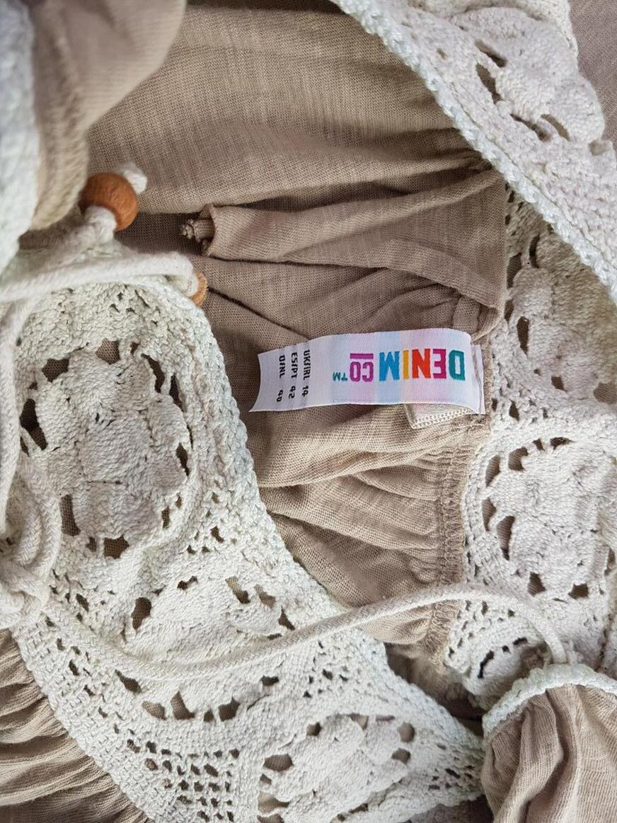 Denim Co. Rozmiar 40 Kolor Beżowy Okrągły dekolt Tunika Bluzka Krótki rękaw Materiał Bawełna 100%
