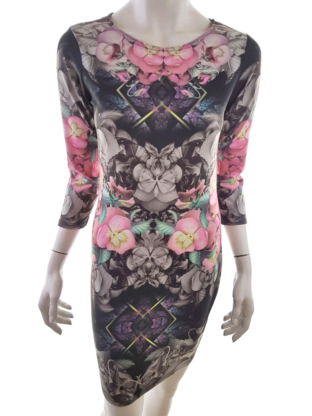 River island Rozmiar 12 (40) Okrągły dekolt Sukienka Bodycon Rękaw 3/4 Do Kolan