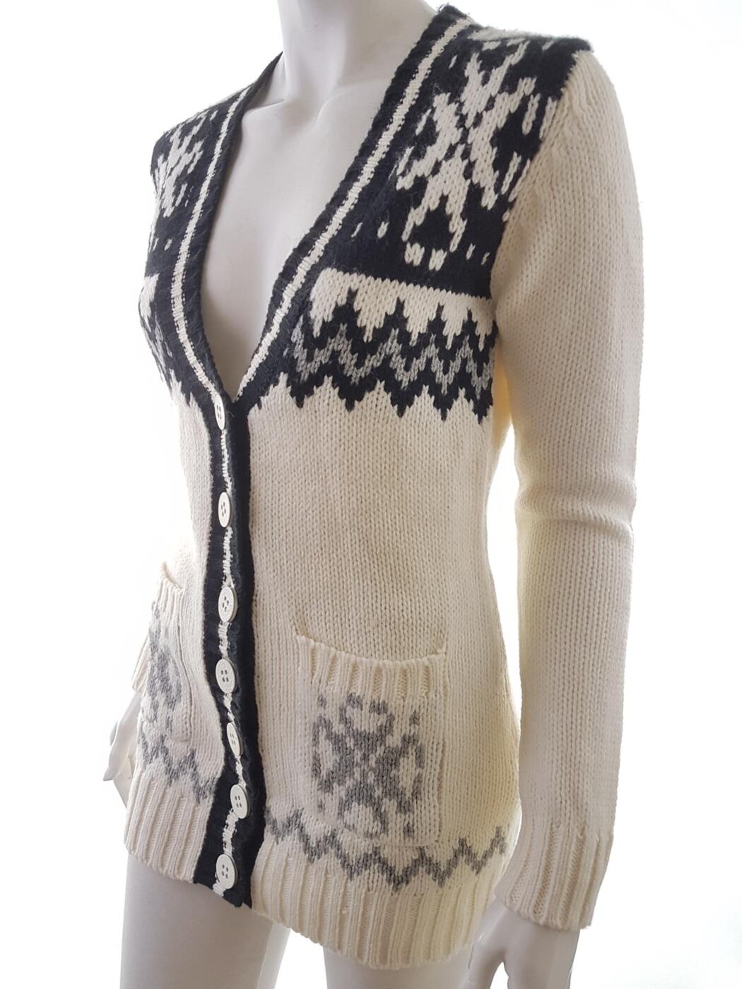 Fashion Elle Rozmiar M Kolor Kremowy Fair Isle W serek Długi Zapinany Kardigan Długi rękaw Materiał Akryl Fashion Elle Rozmiar M Kolor Kremowy Fair Isle W serek Długi Zapinany Kardigan Długi rękaw Materiał Akryl