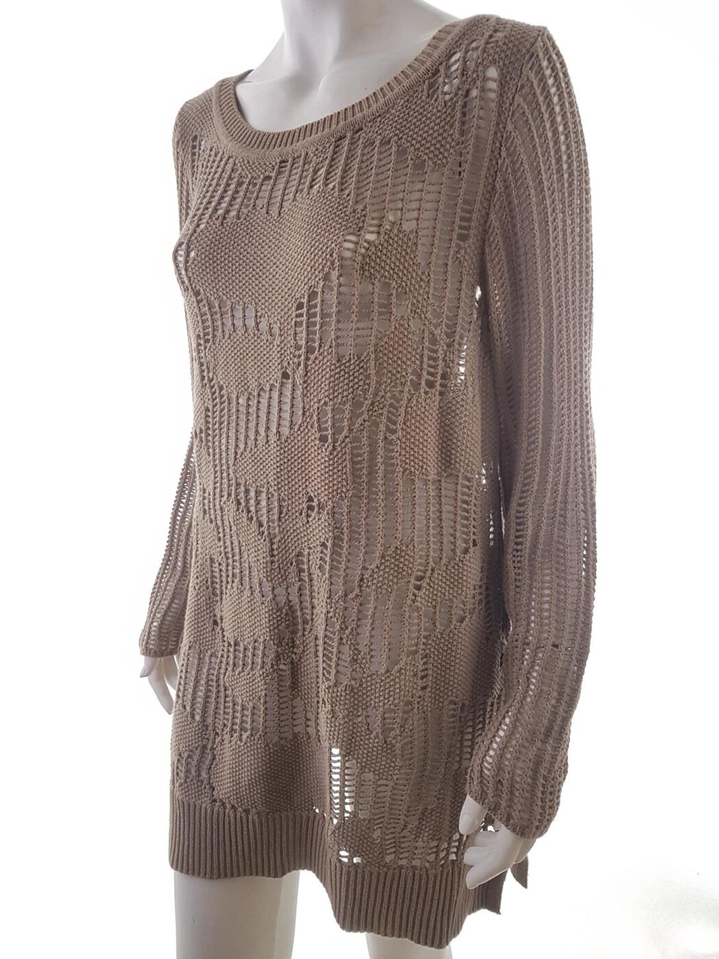 20190604_150548.jpg Liz Claiborne Rozmiar XL Kolor Brązowy W łódkę Długi Sweter Tunika Długi rękaw Materiał Bawełna Otwarta dzianina