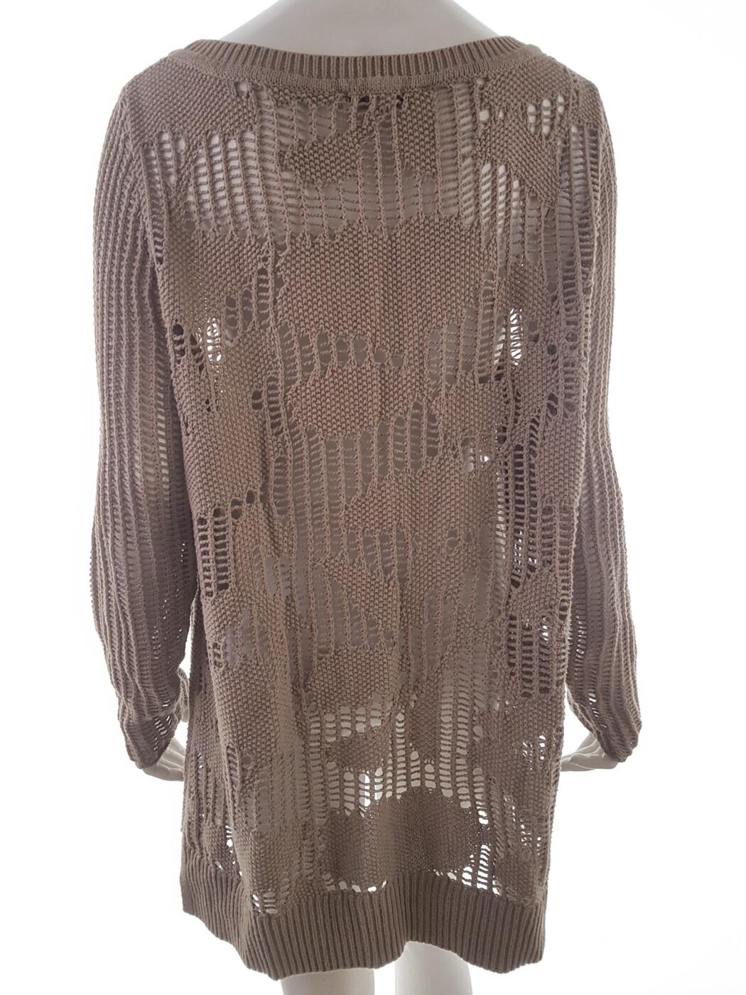 20190604_150556.jpg Liz Claiborne Rozmiar XL Kolor Brązowy W łódkę Długi Sweter Tunika Długi rękaw Materiał Bawełna Otwarta dzianina