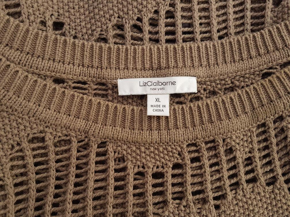 20190604_150619.jpg Liz Claiborne Rozmiar XL Kolor Brązowy W łódkę Długi Sweter Tunika Długi rękaw Materiał Bawełna Otwarta dzianina