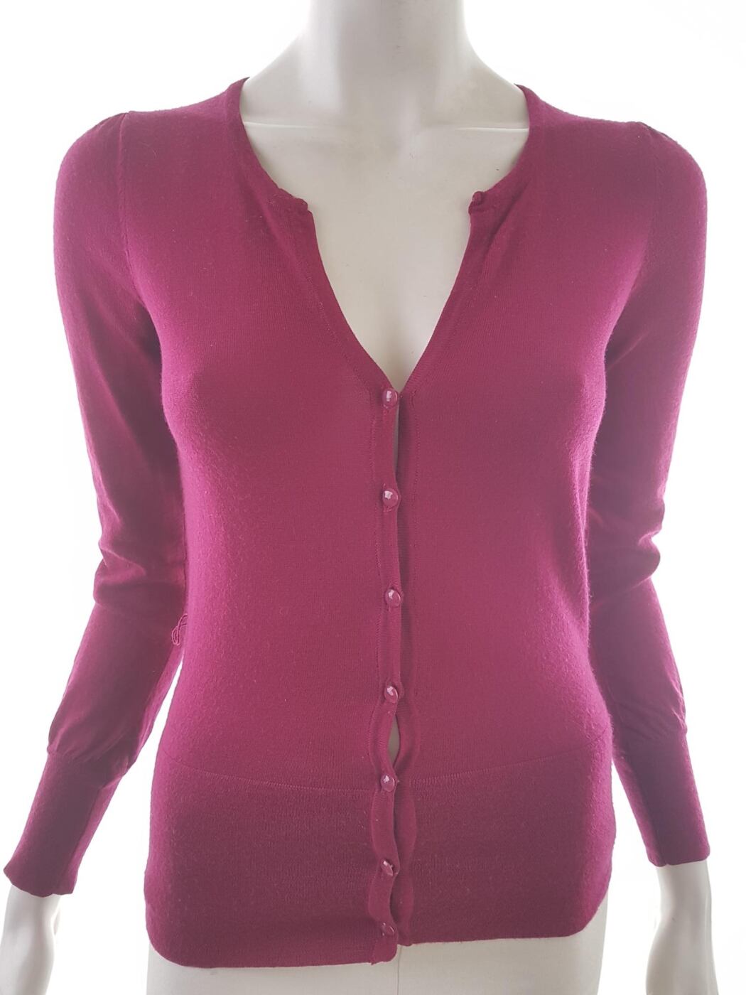 Monsoon Rozmiar 36 Kolor Fioletowy Split Crew Neck Kardigan Zapinany Długi rękaw Materiał Wełna Merino
