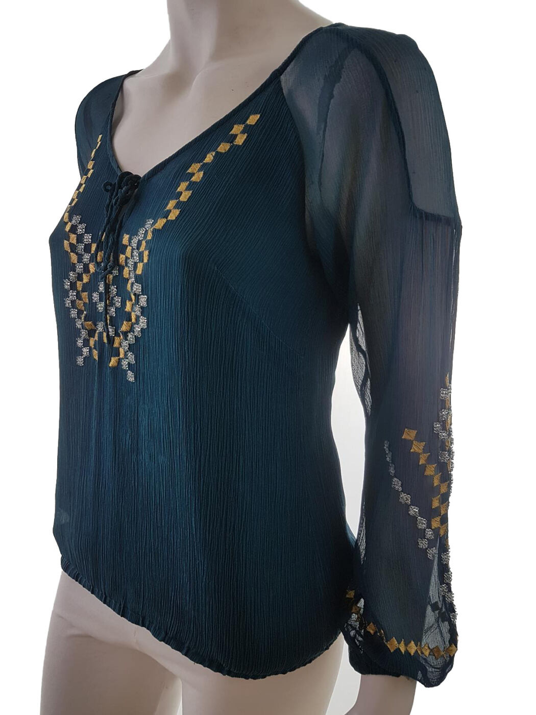 Monsoon Rozmiar S Kolor Zielony Geometryczny Keyhole Crew Neck Bluzka Długi rękaw Materiał Jedwab 100%